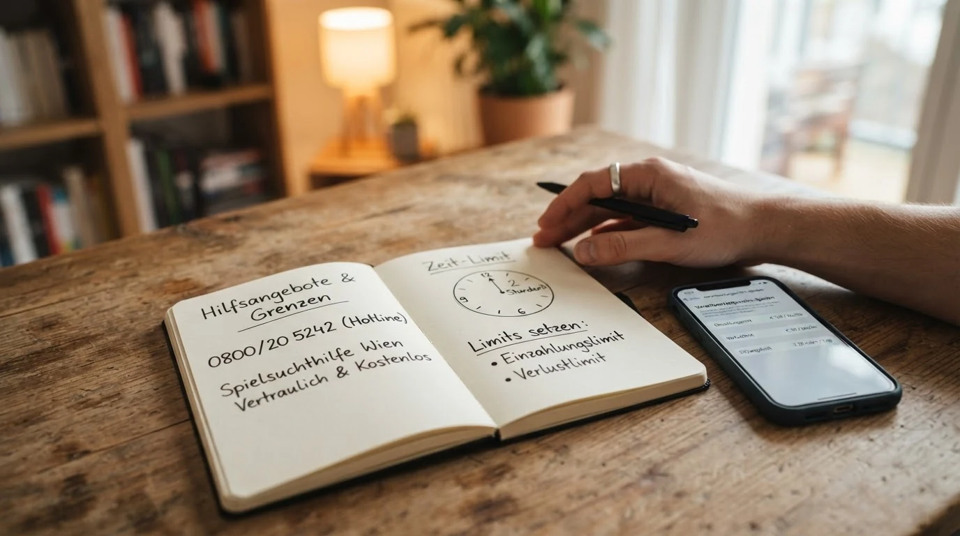 Ein offenes Notizbuch mit handschriftlich notierten Hilfstelefonnummern und dem Wort „Limit“, daneben ein Smartphone mit geöffneter Einstellungsseite für Einzahlungslimits