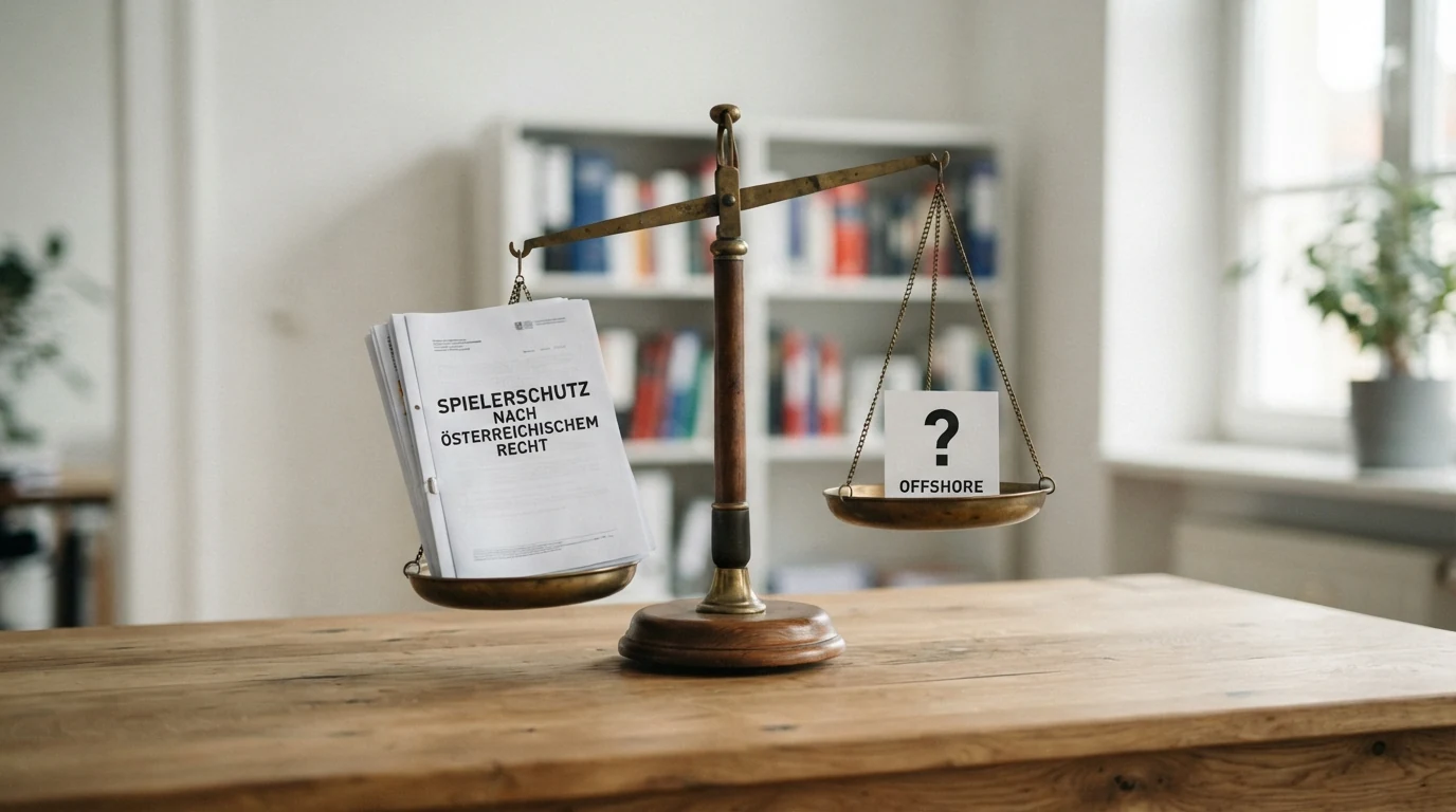 Eine Waage: links das BMF-Logo und der Schriftzug „Spielerschutz nach GSpG“, rechts ein leeres Feld mit Fragezeichen und dem Wort „Offshore“ — die Waage schlägt deutlich nach links aus