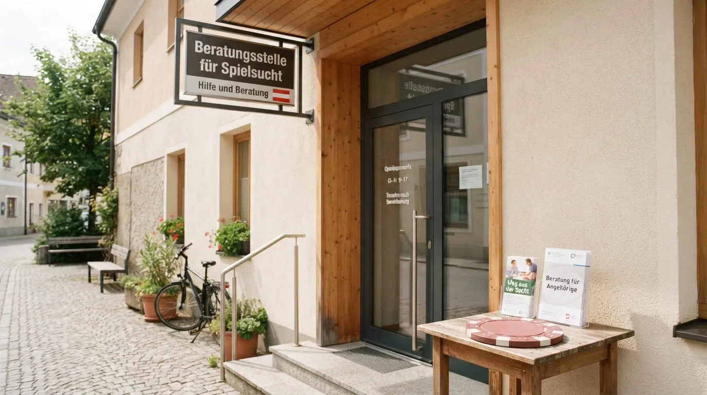 Eingangsbereich einer Spielsucht-Beratungsstelle mit Hinweisschild und ausliegendem Infomaterial zu Selbsthilfe-Angeboten