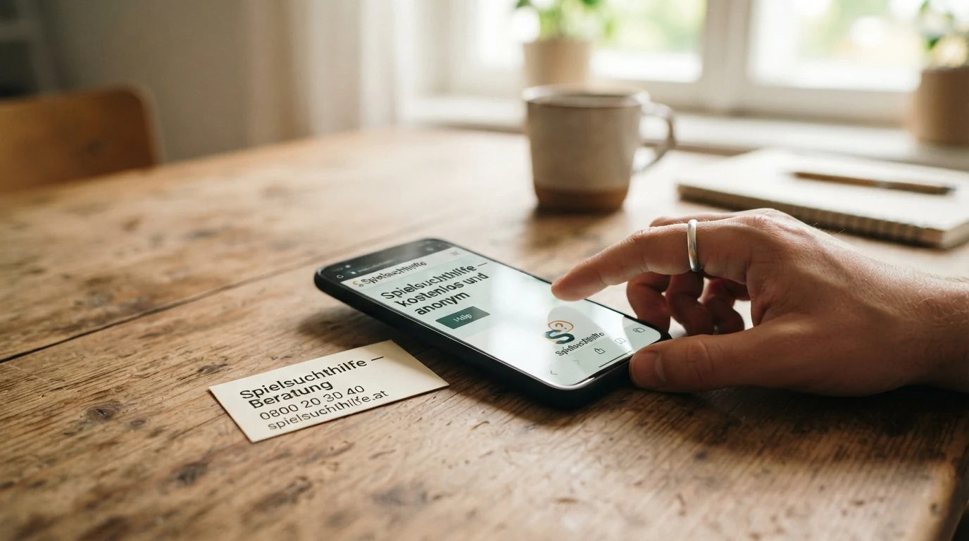 Ein Smartphone mit geöffneter Hilfeseite und daneben eine Visitenkarte mit der Aufschrift „Spielsuchthilfe — kostenlos und anonym“