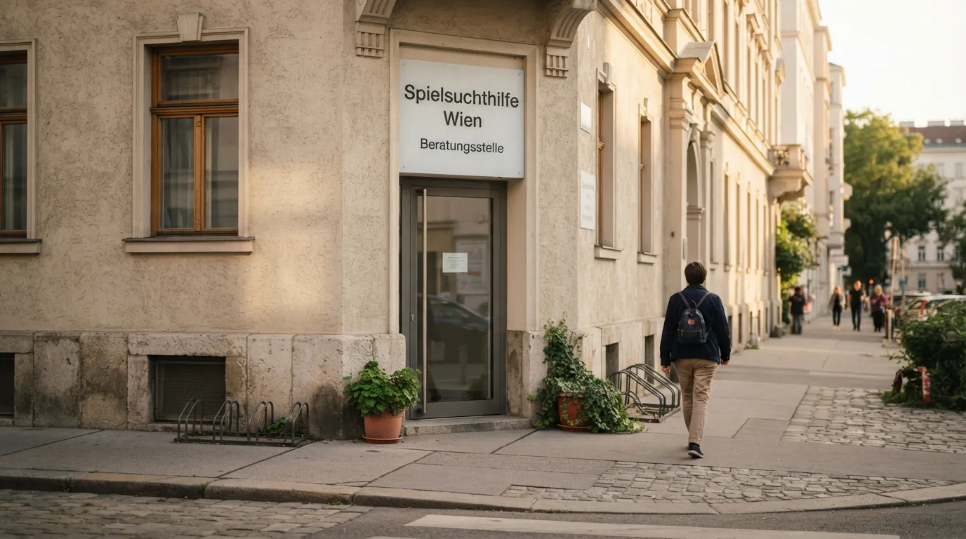 Das Gebäude der Spielsuchthilfe Wien in der Stolberggasse mit sichtbarem Eingang und Hinweisschild