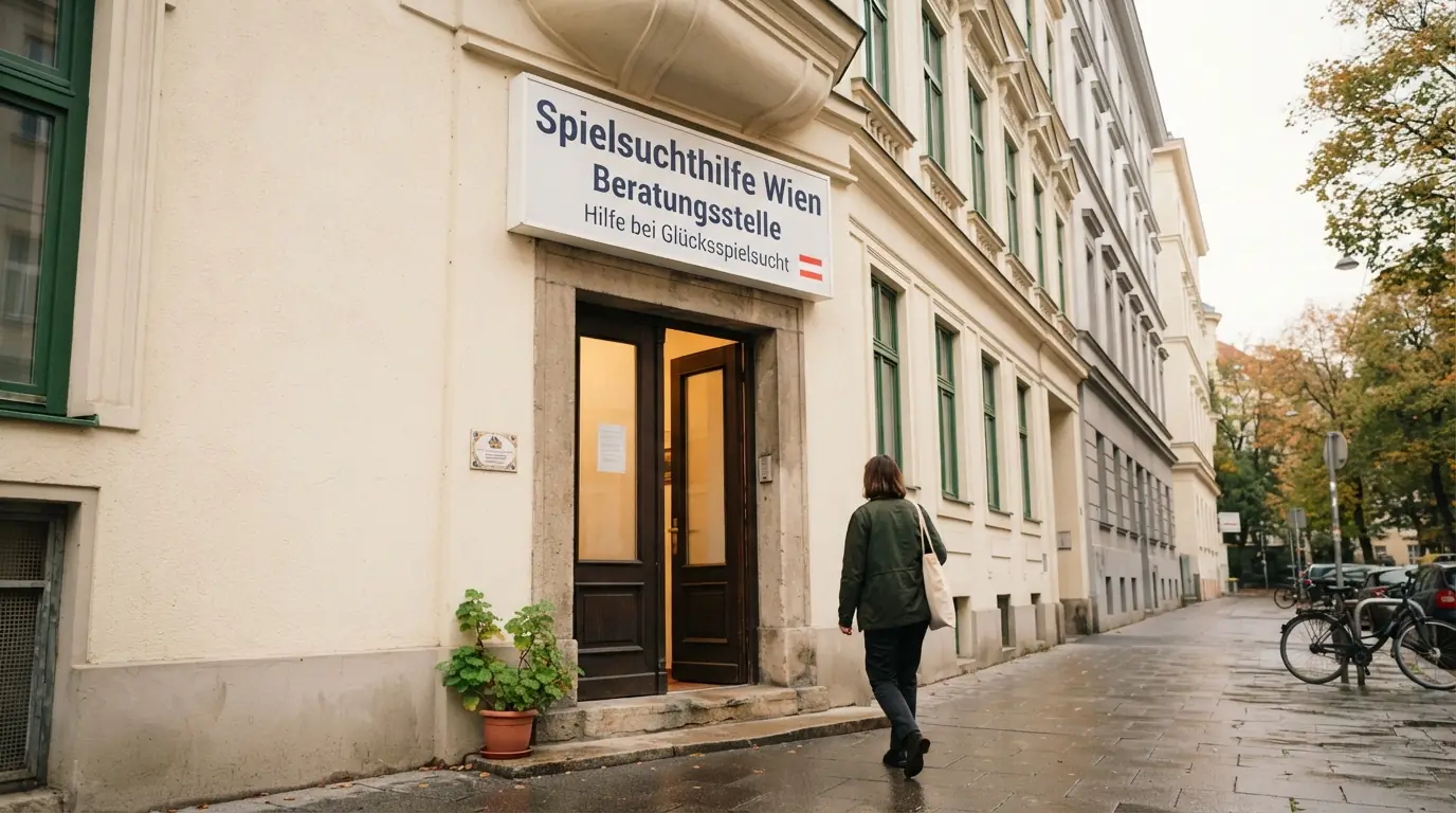 Die Eingangsfassade der Spielsuchthilfe Wien in der Stolberggasse 26 im 5. Wiener Gemeindebezirk mit sichtbarem Hinweisschild zur Beratungsstelle