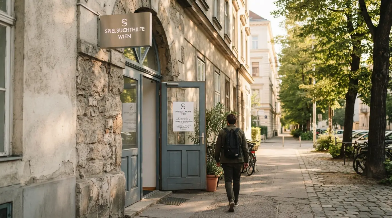 Eingang der Spielsuchthilfe Wien in der Stolberggasse 26 mit Hinweisschild und Sprechzeiten