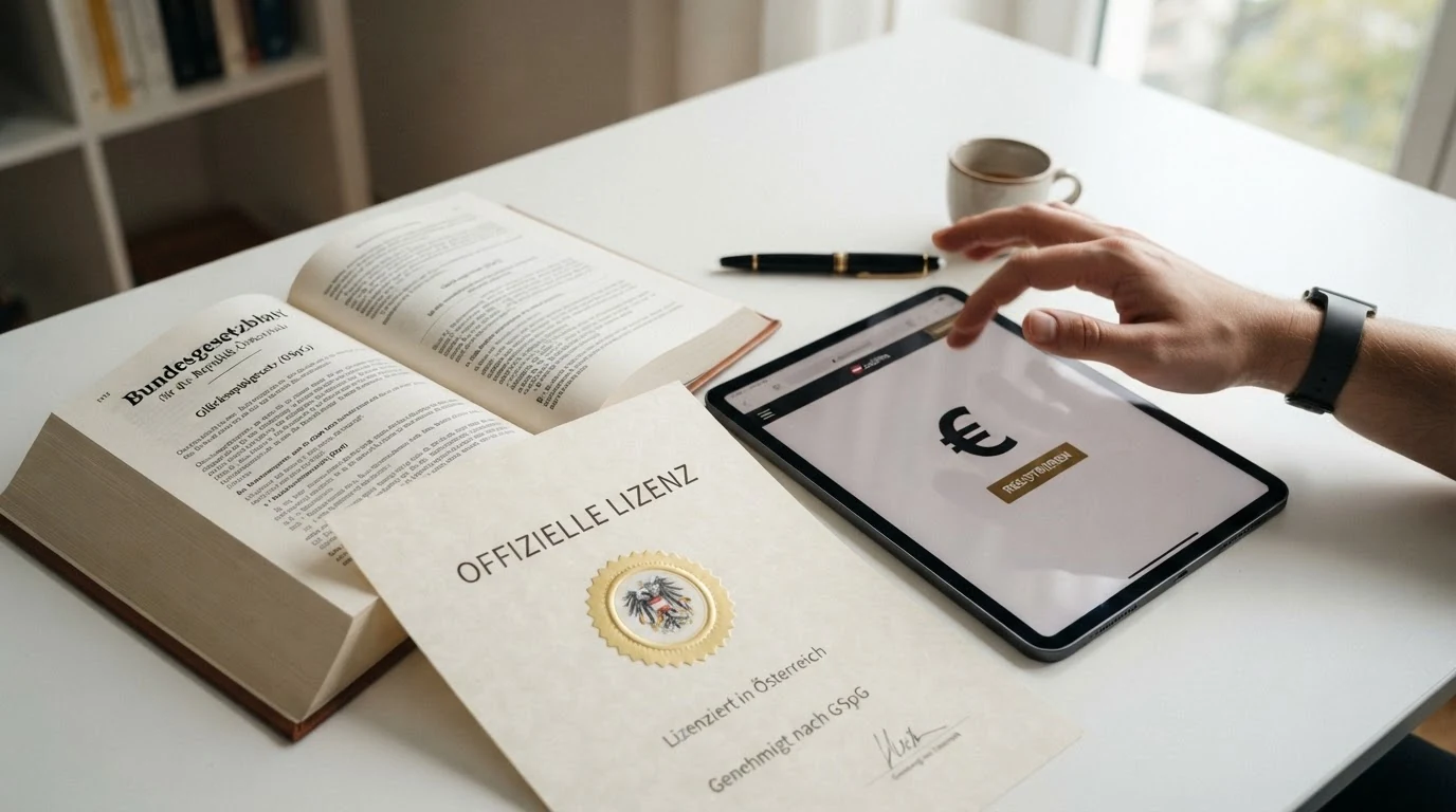 Ein aufgeschlagenes österreichisches Gesetzbuch (GSpG) neben einem Tablet mit der win2day-Startseite und einem Aktenvermerk des Finanzamts