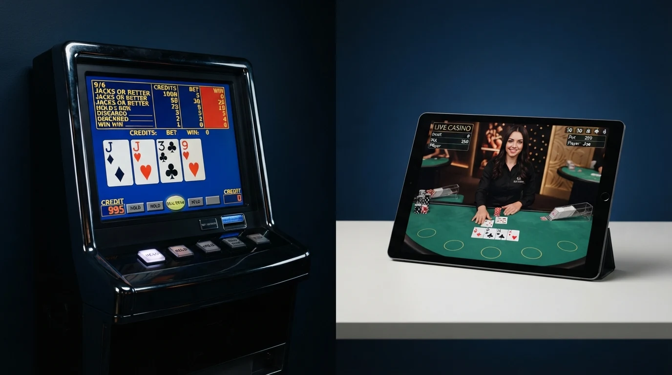 Geteilter Bildschirm: linke Hälfte ein Video-Poker-Automat mit sichtbarem Paytable, rechte Hälfte ein Live-Dealer-Pokertisch mit Croupier und physischen Karten im Stream