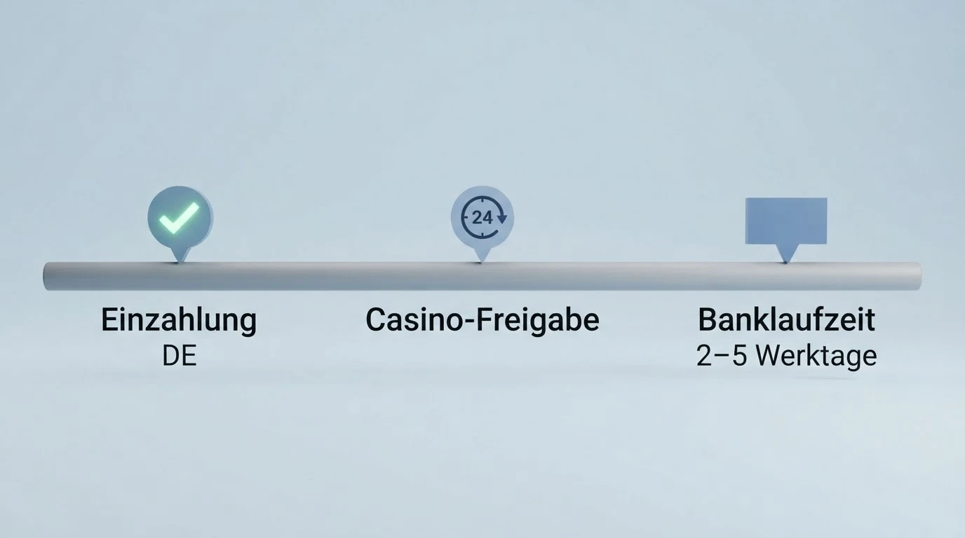 Visuelle Zeitleiste: Einzahlung sofort, Casino-interne Freigabe binnen 24 h, Banklaufzeit 2–5 Werktage