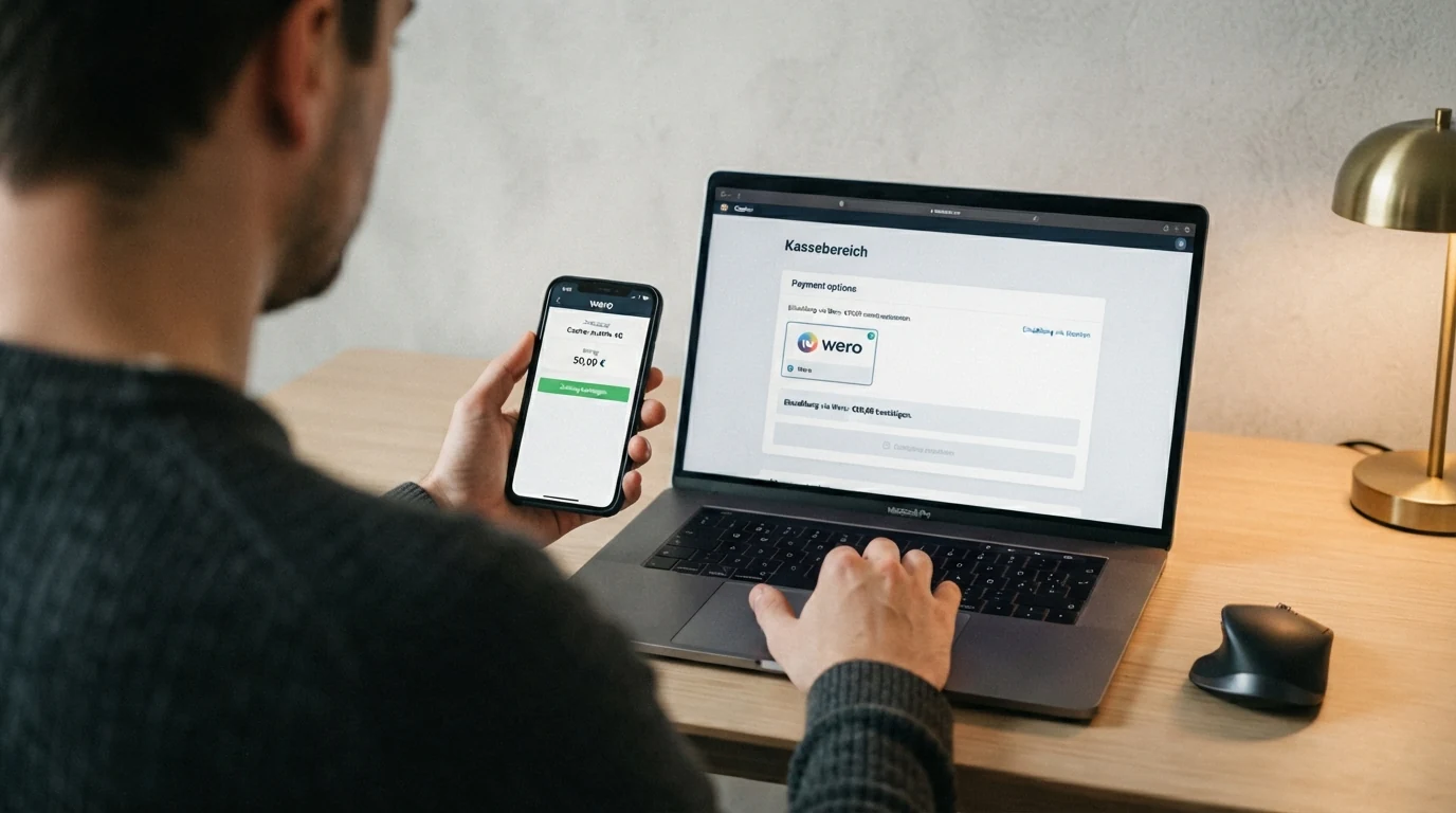 Ein Laptop zeigt ein Online Casino, daneben ein Smartphone mit geöffneter Banking-App und dem Hinweis „Überweisung bestätigen“.