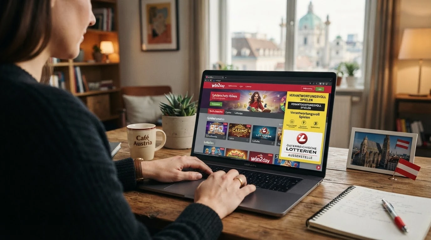 Screenshot der win2day-Plattform mit Spielerschutz-Hinweis und Siegel der Österreichischen Lotterien
