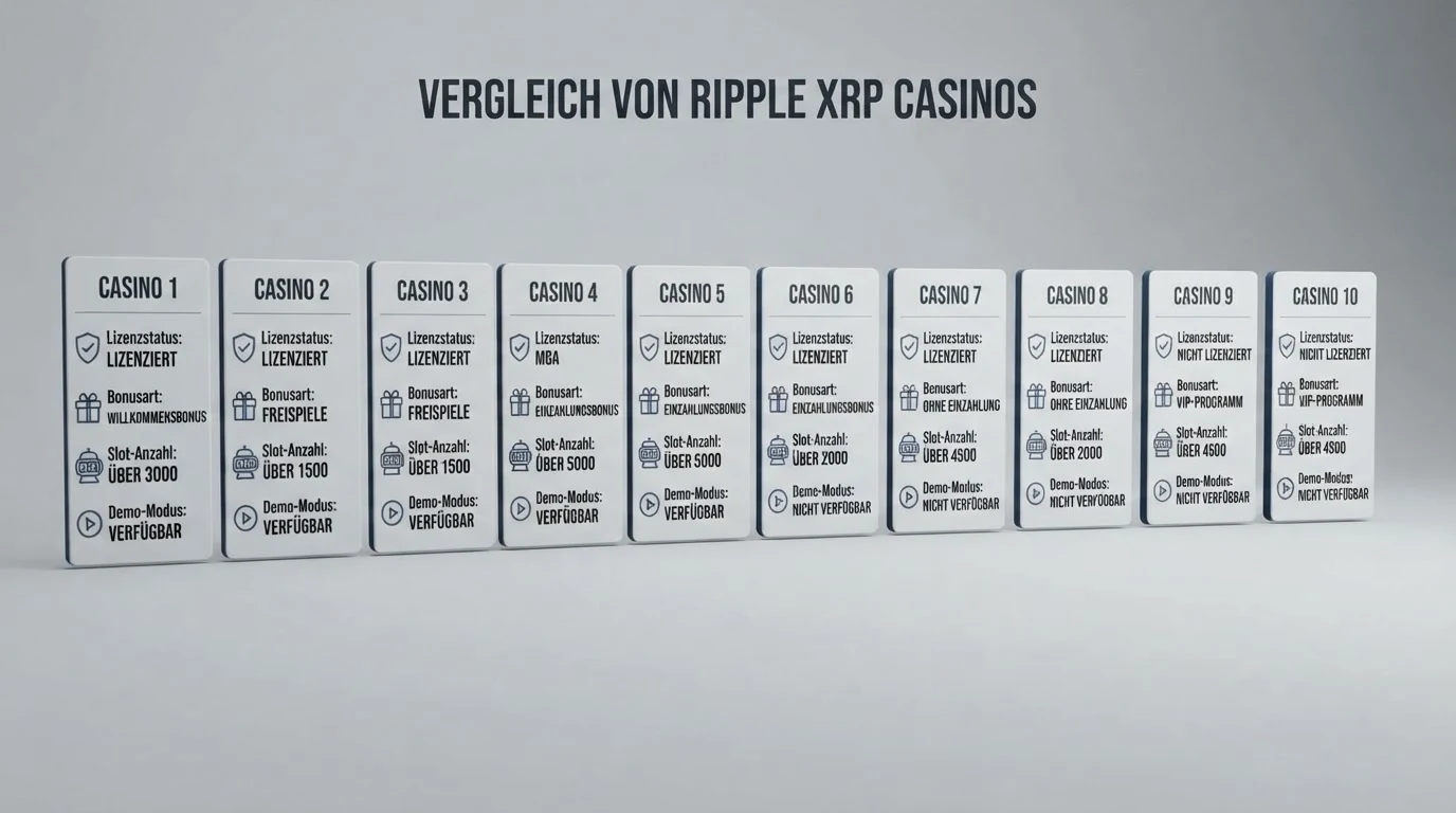 Eine grafische Übersicht der wichtigsten Vergleichsmerkmale der zehn geprüften Ripple Casinos: Lizenzstatus, Bonus-Form, Slot-Anzahl und Demo-Modus als nebeneinander angeordnete Karten