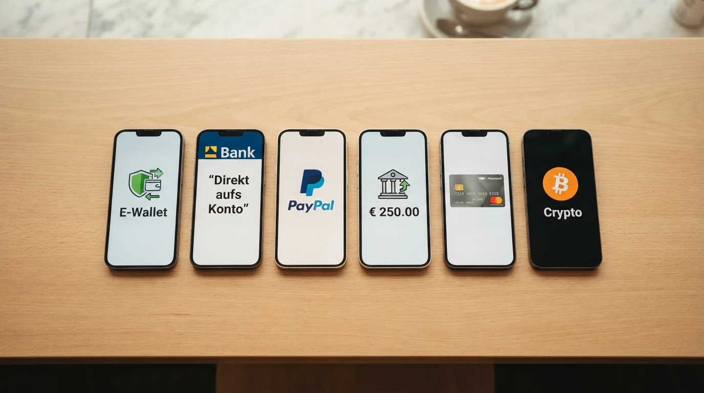 Sechs Zahlungsmethoden (E-Wallet, Trustly, PayPal, Banküberweisung, Kreditkarte, Krypto) nebeneinander mit der jeweiligen Auszahlungsdauer als Zeitleiste