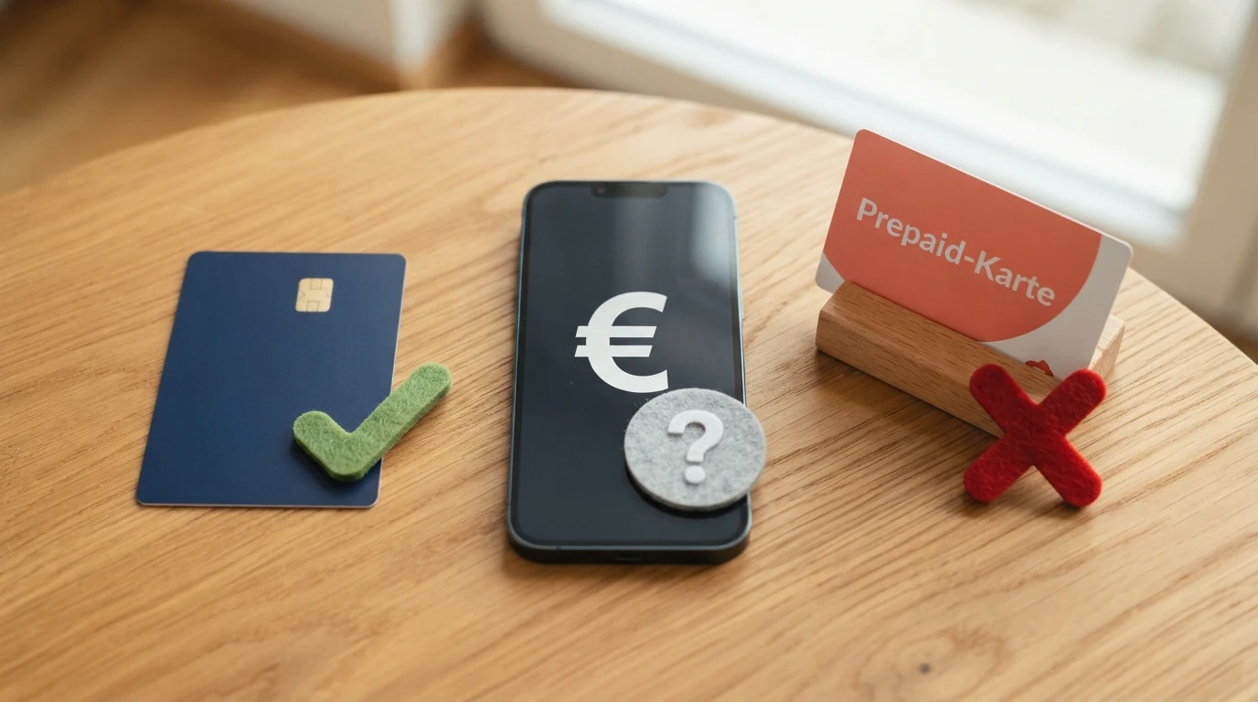 Drei Zahlungsmittel nebeneinander: Kreditkarte mit einem Haken-Symbol, ein Smartphone mit Banking-App mit einem Fragezeichen, und eine Paysafecard mit einem Kreuz-Symbol